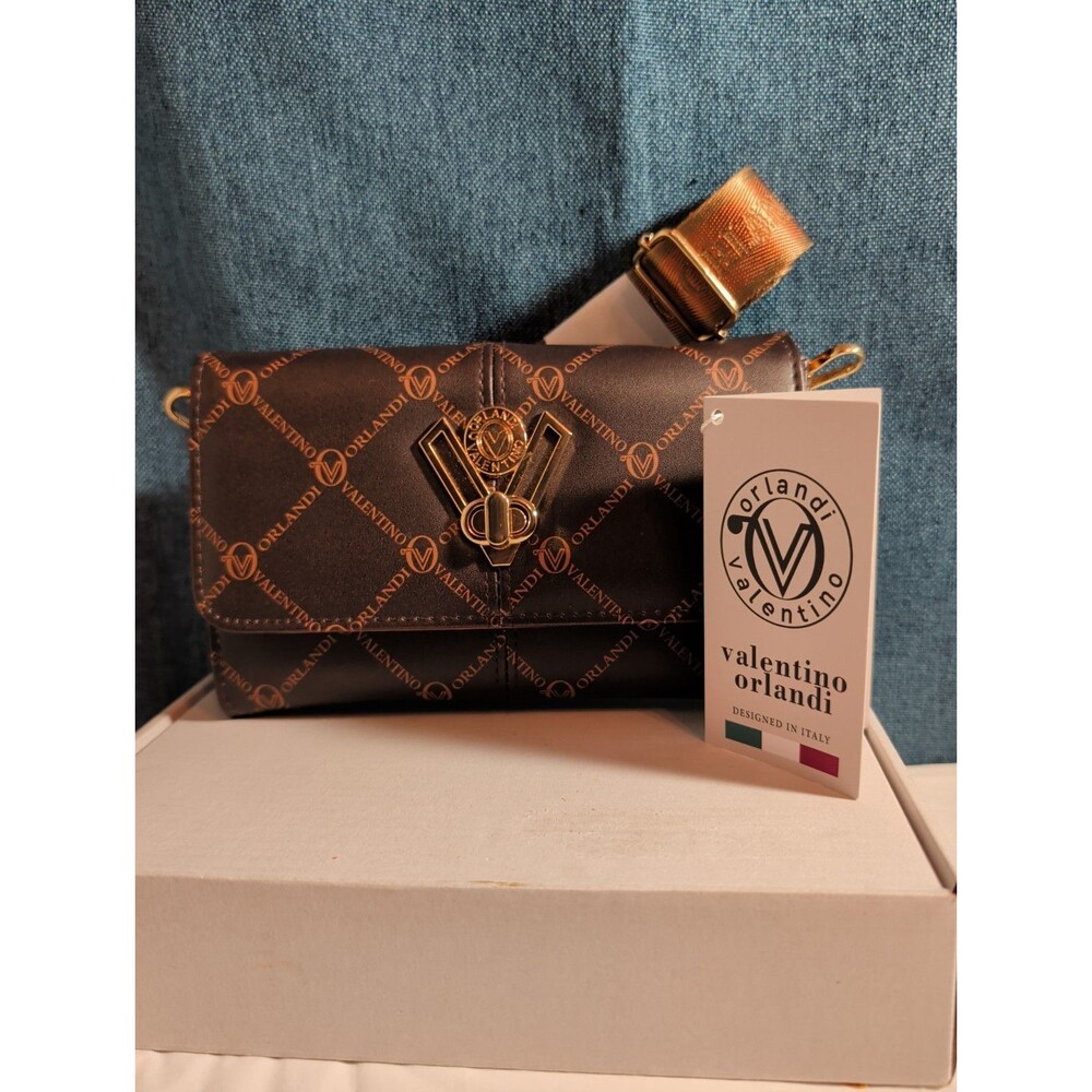 NWT Valentino Orlandi Crossbody Bag Brown Monogram Wallet Purse Gold V Lock New - Picture 8 of 16